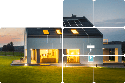 Artistic image of house with solar panels and battery